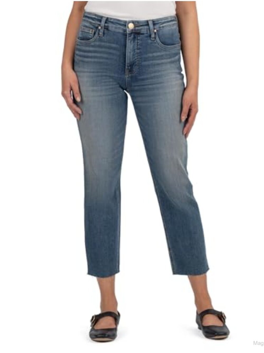 High Rise Fab Ab Mom Jeans Raw Hem Petite Straight Leg Denim